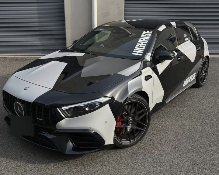 Mercedes-AMG A45 S in a black, white and grey camo livery