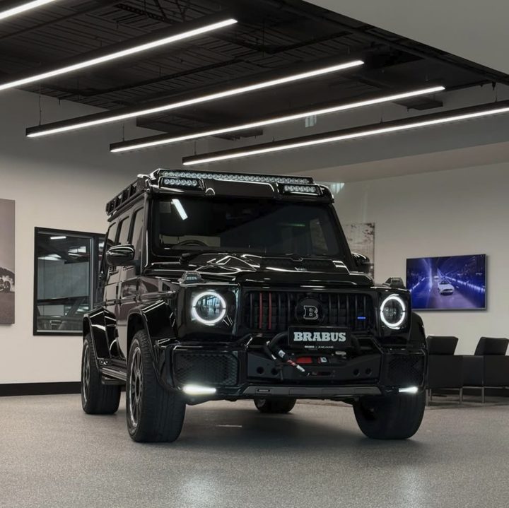 Black Brabus 800 G-Wagon with its halo headlights lit