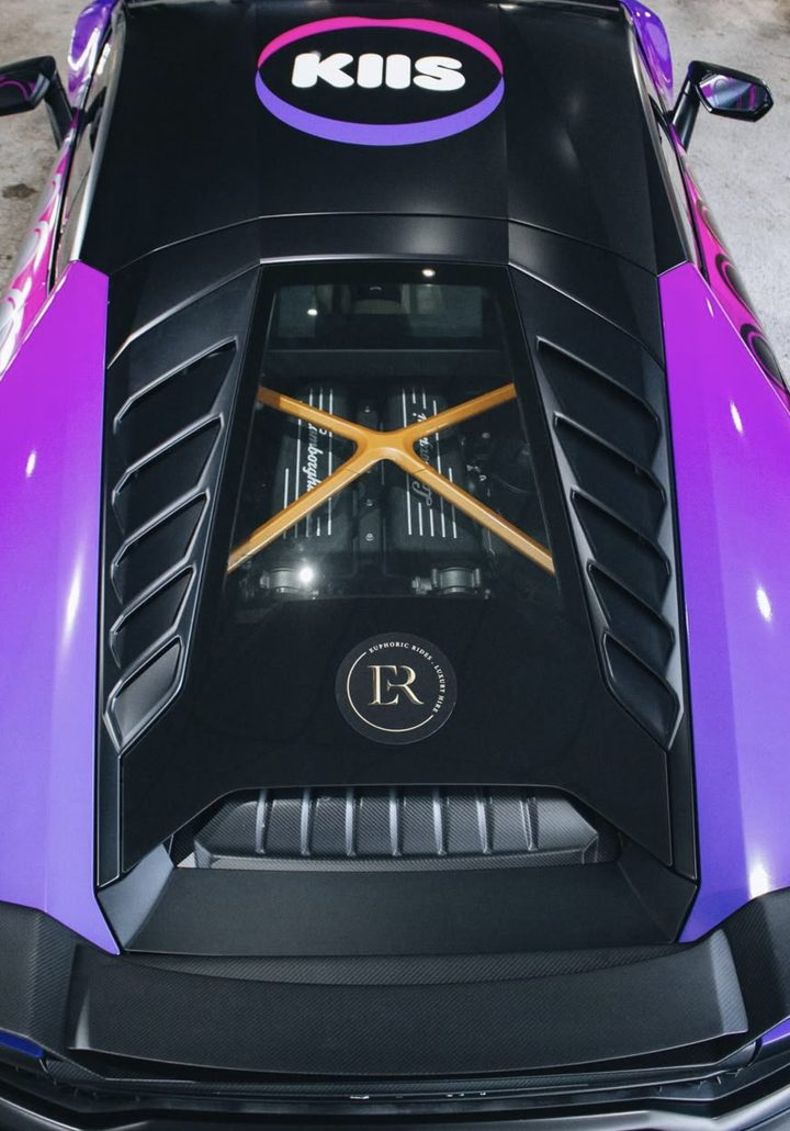 Lamborghini Huracan from above in a purple KIIS 101.1 livery