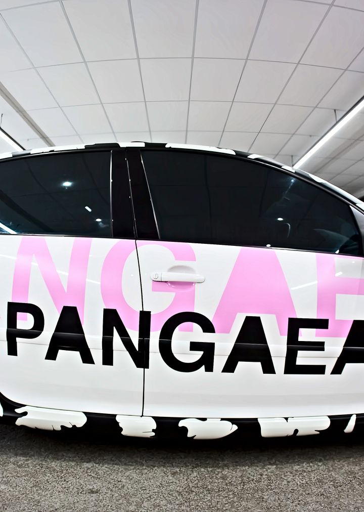 Side of a white Volkswagen Golf in the Pangaea livery: PANGAEA in black over large pink letters, with black and white camo along the sills