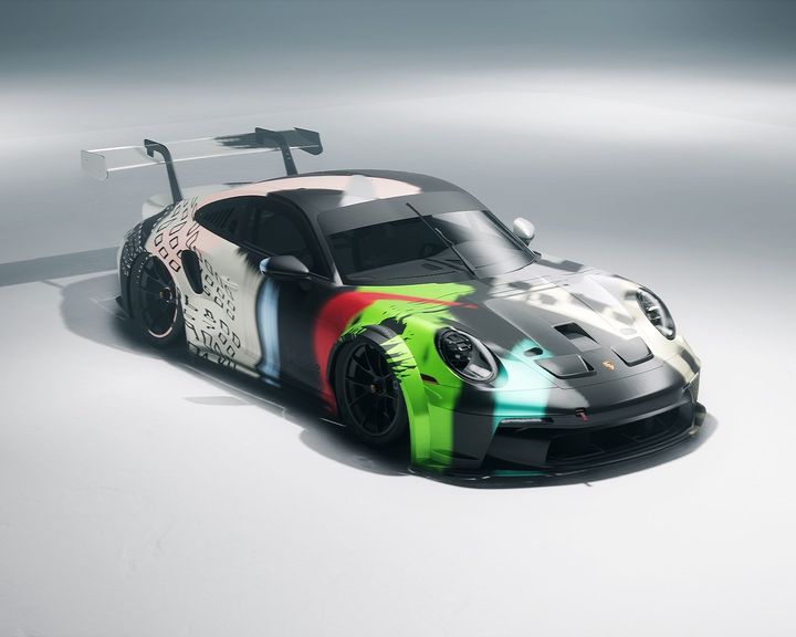 3D render of a Porsche 911 GT3 Cup with an abstract brush-stroke livery in green, red, teal and pink