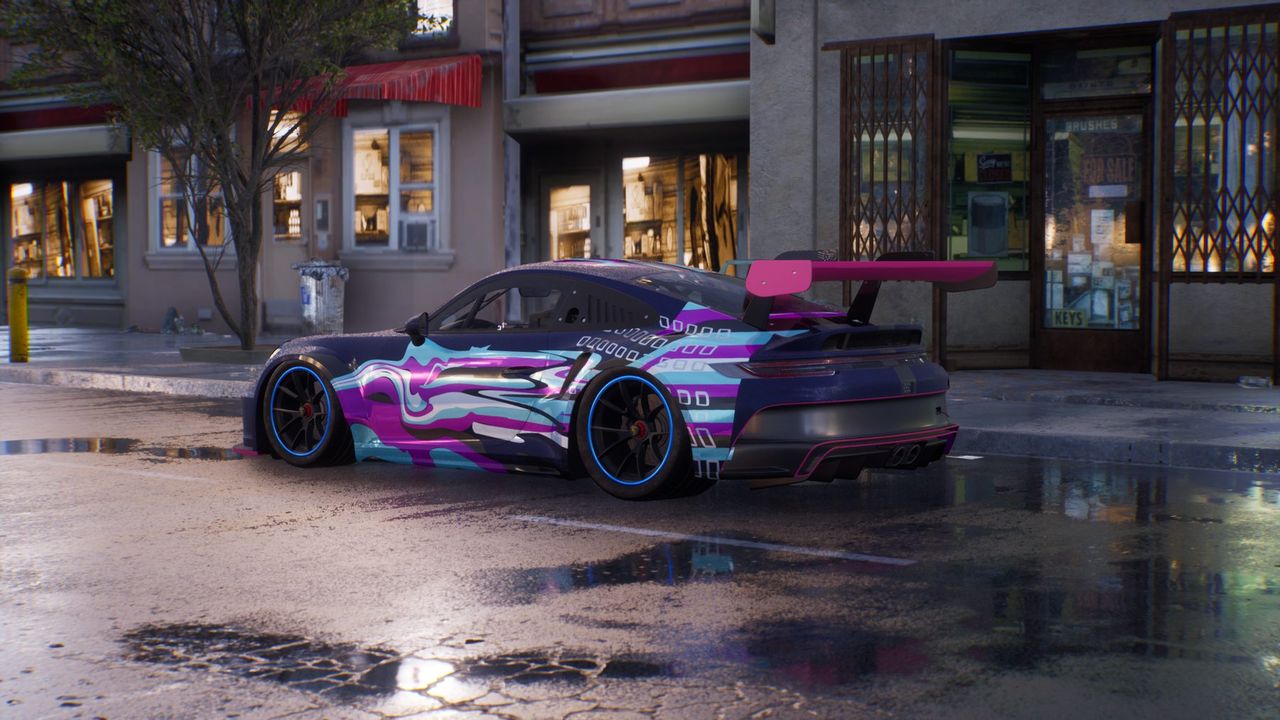3D render of a Porsche 911 GT3 Cup from the rear in a purple and teal liquid-pattern livery on a wet street
