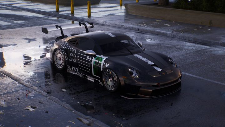 3D render of a black Porsche 911 GT3 Cup with white graphics on a wet street at night