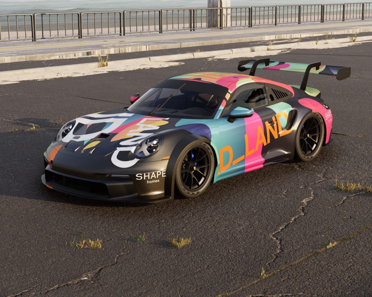 3D render of a Porsche 911 GT3 Cup in a multicolour livery with sponsor logos