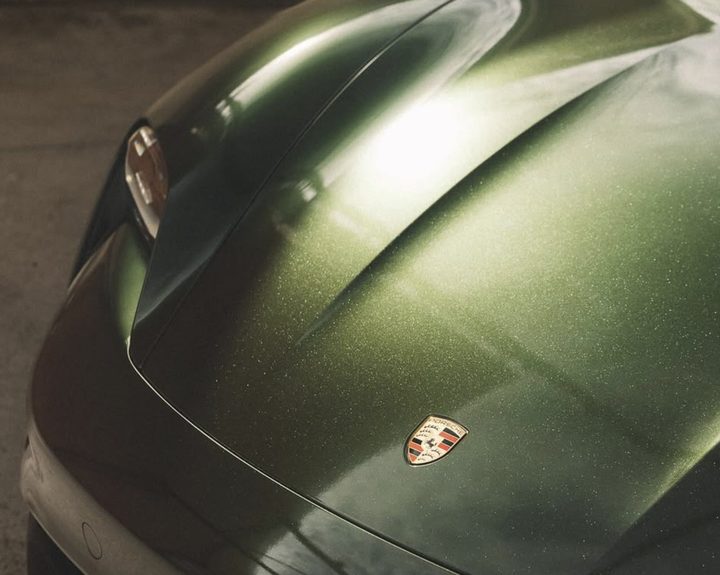 Porsche Taycan wrapped in a green metallic flake